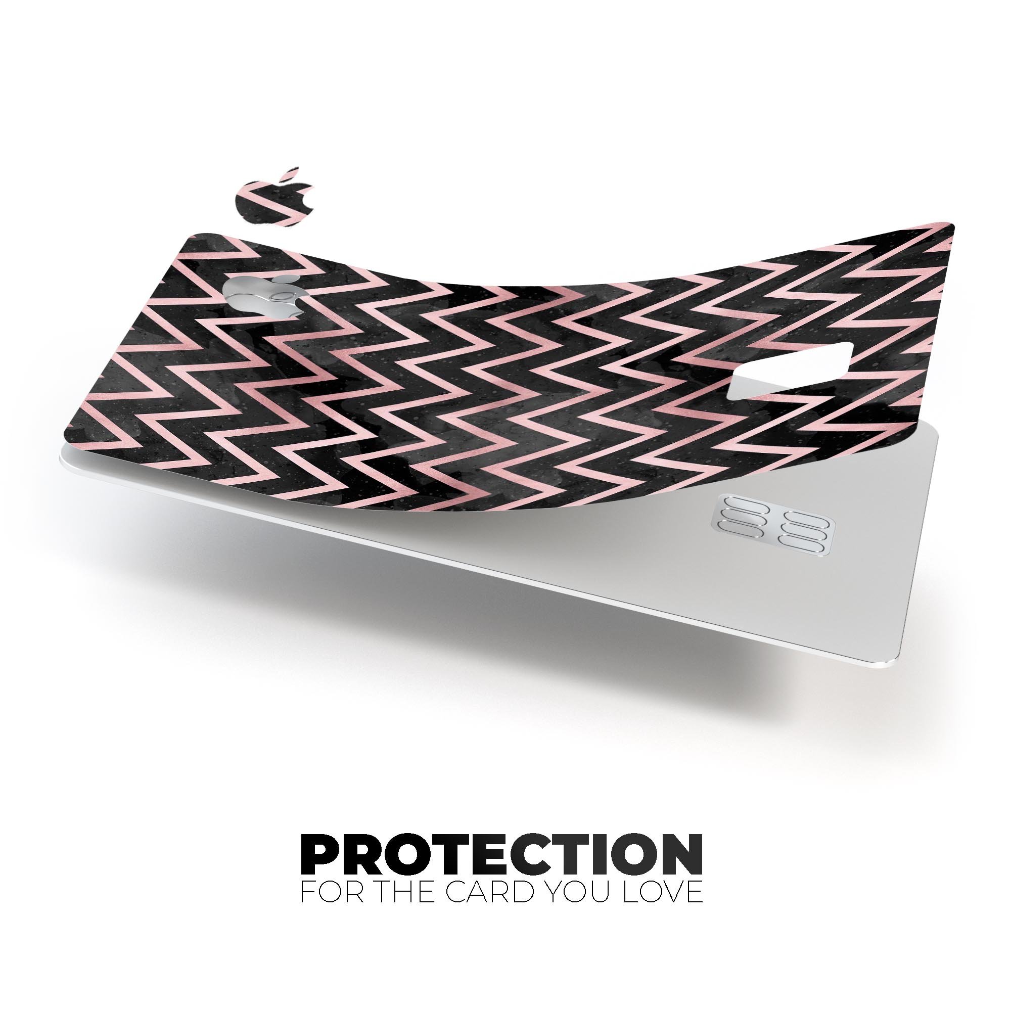 Karamfila Marble & Rose Gold Chevron v10 decal applied on an Apple Card, showcasing its stylish design and premium finish.